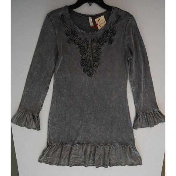 Anthropologie RAGA Women's Sz S Black Embroidered Ruffled Hem & Cuffs Dress - Picture 8 of 14